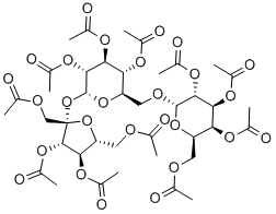 O-2,3,4,6-tetra-O-acetyl-alpha-D-galactopyranosyl-(1->6)-1,3,4-tri-O-acetyl-beta-D-fructofuranosyl-alpha-D-glucopyranoside tetraacetate Struktur