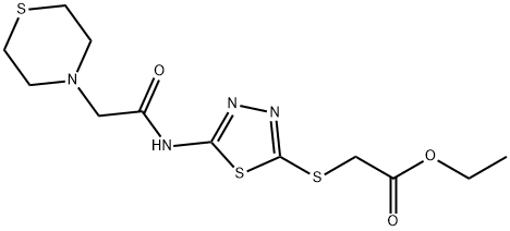 ethyl 2-[(5-{[2-(1,4-thiazinan-4-yl)acetyl]amino}-1,3,4-thiadiazol-2-yl)sulfanyl]acetate Structure