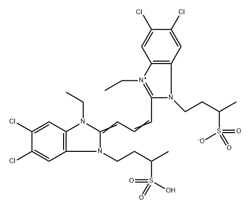 hydrogen 5,6-dichloro-2-[3-[5,6-dichloro-1-ethyl-1,3-dihydro-3-(3-sulphonatobutyl)-2H-benzimidazol-2-ylidene]propen-1-yl]-1-ethyl-3-(3-sulphonatobutyl)-1H-benzimidazolium  化学構造式