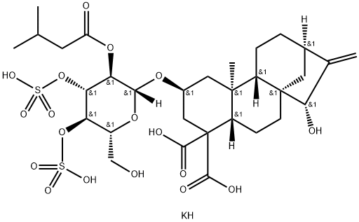 dipotassium dihydrogen 15alpha-hydroxy-2beta-[[2-O-isovaleryl-3,4-di-O-sulphonato-beta-D-glucopyranosyl]oxy]kaur-16-ene-18,19-dioate Struktur