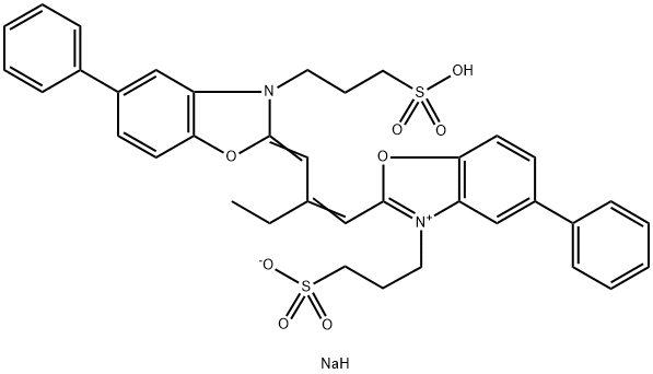 5-苯基-2-[2-[[5-苯基-3-(3-磺酸丙基)-2(3H)-苯并恶唑亚基]甲基]-1-丁烯基]-3-(3-磺酸丙基)苯并恶唑内翁钠盐, 33628-03-4, 结构式