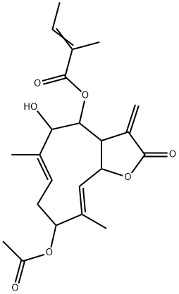 2-メチル-2-ブテン酸[9-アセトキシ-2,3,3a,4,5,8,9,11a-オクタヒドロ-5-ヒドロキシ-6,10-ジメチル-3-メチレン-2-オキソシクロデカ[b]フラン-4-イル] 化学構造式