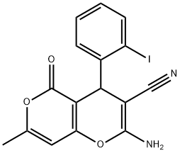 4H,5H-PYRANO[4,3-B]PYRAN-3-CARBONITRILE, 2-AMINO-4-(2-IODOPHENYL)-7-METHYL-5-OXO- Struktur