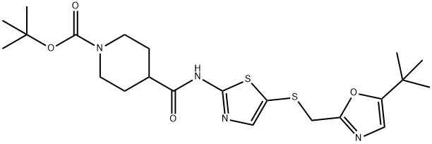 4-[[5-[[(5-叔丁基恶唑-2-基)甲基]硫基]噻唑-2-基]氨基甲酰]哌啶-1-羧酸叔丁酯, 345629-23-4, 结构式