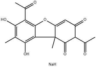 2,6-Diacetyl-7,9-dihydroxy-8,9b-dimethyldibenzofuran-1,3(2H,9bH)-dione monosodium salt Struktur