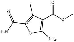噻吩-3-羧酸,2-氨基-5-氨基羰基-4-甲基-,甲酯 结构式