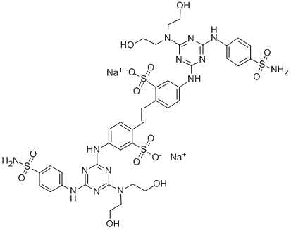 disodium 4,4'-bis[4-[[4-(aminosulphonyl)phenyl]amino]-6-[bis(2-hydroxyethyl)amino]-1,3,5-triazin-2-yl]amino]stilbene-2,2'-disulphonate Struktur