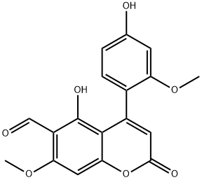 5-Hydroxy-4-(4-hydroxy-2-methoxyphenyl)-7-methoxy-2-oxo-2H-1-benzopyran-6-carbaldehyde Struktur