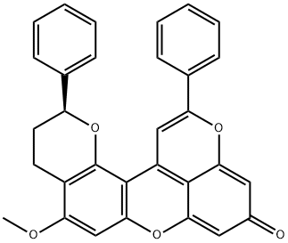 (-)-3,4-ジヒドロ-5-メトキシ-2,12-ジフェニル-2H,9H-ジピラノ[2,3-a:2',3',4'-kl]キサンテン-9-オン 化学構造式