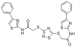 2-{[3-({2-oxo-2-[(4-phenyl-1,3-thiazol-2-yl)amino]ethyl}sulfanyl)-1,2,4-thiadiazol-5-yl]sulfanyl}-N-(4-phenyl-1,3-thiazol-2-yl)acetamide 结构式