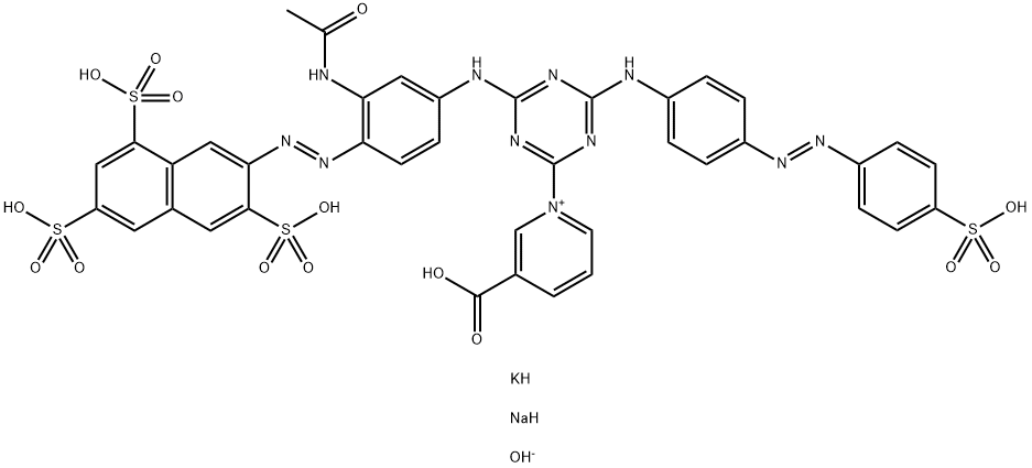 1-[4-[[3-(Acetylamino)-4-[(3,6,8-trisulfo-2-naphthalenyl)azo]phenyl]amino]-6-[[4-[(4-sulfophenyl)azo]phenyl]amino]-1,3,5-triazin-2-yl]-3-carboxy-pyridinium, hydroxide, potassium sodium salt Struktur