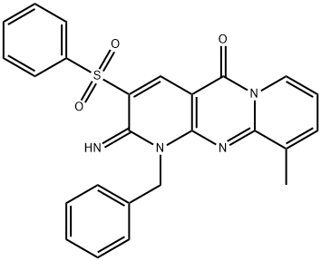 1-benzyl-2-imino-10-methyl-3-(phenylsulfonyl)-1,2-dihydro-5H-dipyrido[1,2-a:2,3-d]pyrimidin-5-one Struktur