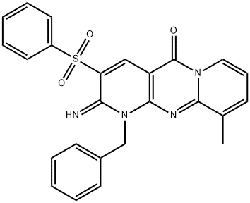 1-benzyl-2-imino-10-methyl-3-(phenylsulfonyl)-1,2-dihydro-5H-dipyrido[1,2-a:2,3-d]pyrimidin-5-one 化学構造式