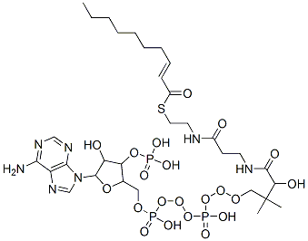 [5-(6-aminopurin-9-yl)-2-[[[[3-[2-(2-dec-2-enoylsulfanylethylcarbamoyl)ethylcarbamoyl]-3-hydroxy-2,2-dimethyl-propoxy]-hydroxy-phosphoryl]oxy-hydroxy-phosphoryl]oxymethyl]-4-hydroxy-oxolan-3-yl]oxyphosphonic acid 结构式