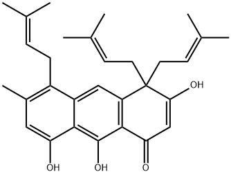 3,8,9-trihydroxy-6-methyl-4,4,5-tris(3-methylbut-2-enyl)anthracen-1(4H)-one  Struktur