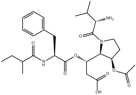 (S)-N-[(S)-2-メチル-1-オキソブチル]-L-フェニルアラニン(S)-1-[(2S,3S)-3-アセトキシ-1-[(S)-2-アミノ-3-メチル-1-オキソブチル]-2-ピロリジニル]-2-カルボキシエチル 化学構造式