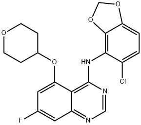 7-Fluoro-N-(5-chloro-1,3-benzodioxol-4-yl)-5-(tetrahydro-2H-pyran-4-yloxy)quinazolin-4-amine Struktur