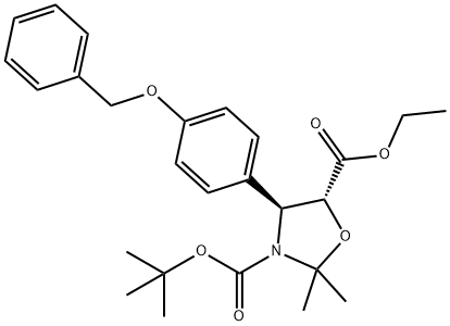 (4S,5R)-2,2-ジメチル-4-[4-(フェニルメトキシ)フェニル]-N-ジメチルエトキシカルボニル-3,5-オキサゾリジンカルボン酸エチルエステル 化学構造式