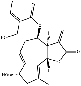 (Z)-2-ヒドロキシメチル-2-ブテン酸(3aR,4R,6E,8S,10E,11aR)-2,3,3a,4,5,8,9,11a-オクタヒドロ-8-ヒドロキシ-6,10-ジメチル-3-メチレン-2-オキソシクロデカ[b]フラン-4-イル 化学構造式