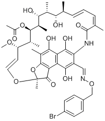 2,7-(Epoxypentadeca(1,11,13)trienimino)naphtho(2,1-b)furan-1,11(2H)-di one, 3-formyl-5,6,9,17,19,21-hexahydroxy-23-methoxy-2,4,12,16,18,20,22 -heptamethyl-, 21-acetate, O-(4-bromobenzyl)oxime,38601-55-7,结构式