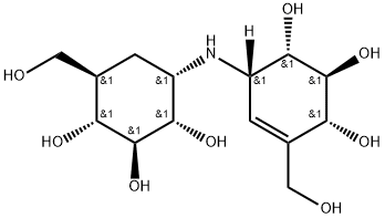 1,5,6-トリデオキシ-5-ヒドロキシメチル-1-[[(1S)-4β,5α,6β-トリヒドロキシ-3-ヒドロキシメチル-2-シクロヘキセン-1β-イル]アミノ]-D-chiro-イノシトール 化学構造式