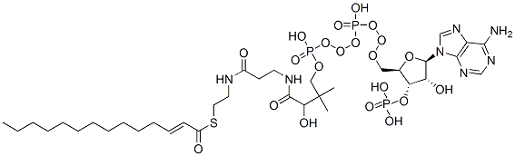 S-[2-[3-[[4-[[[(2R,3S,4R,5R)-5-(6-aminopurin-9-yl)-4-hydroxy-3-phosphonooxyoxolan-2-yl]methoxy-hydroxyphosphoryl]oxy-hydroxyphosphoryl]oxy-2-hydroxy-3,3-dimethylbutanoyl]amino]propanoylamino]ethyl] (E)-tetradec-2-enethioate Struktur