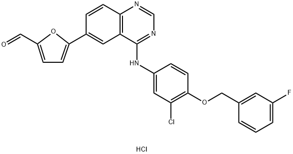 5-(4-((3-クロロ-4-((3-フルオロベンジル)オキシ)フェニル)アミノ)-キナゾリン-6-イル)フラン-2-カルブアルデヒド塩酸塩 化学構造式