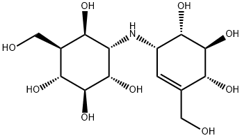 1,5-ジデオキシ-5-ヒドロキシメチル-1-[[(1S)-4β,5α,6β-トリヒドロキシ-3-ヒドロキシメチル-2-シクロヘキセン-1β-イル]アミノ]-D-chiro-イノシトール 化学構造式