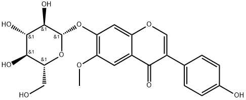 7-(β-D-グルコピラノシルオキシ)-3-(4-ヒドロキシフェニル)-6-メトキシ-4H-1-ベンゾピラン-4-オン 化学構造式
