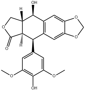 (5R)-5,8,8aβ,9-テトラヒドロ-9β-ヒドロキシ-5β-(3,5-ジメトキシ-4-ヒドロキシフェニル)フロ[3',4':6,7]ナフト[2,3-d]-1,3-ジオキソール-6(5aαH)-オン 化学構造式