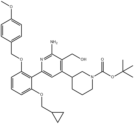 3-[2-氨基-6-[2-(环丙基甲氧基)-6-[(4-甲氧基苯基)甲氧基]苯基]-3-(羟基甲基)-4-吡啶基]-1-哌啶甲酸叔丁酯, 406212-99-5, 结构式