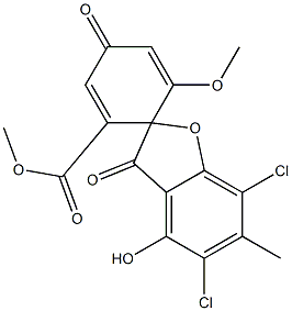 (1R)-3',4-ジオキソ-4'-ヒドロキシ-5',7'-ジクロロ-6-メトキシ-6'-メチルスピロ[2,5-シクロヘキサジエン-1,2'(3'H)-ベンゾフラン]-2-カルボン酸メチル 化学構造式