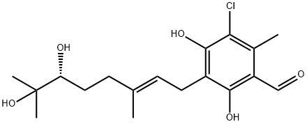 3-Chloro-5-[(E)-6,7-dihydroxy-3,7-dimethyl-2-octenyl]-4,6-dihydroxy-2-methylbenzaldehyde,43043-16-9,结构式
