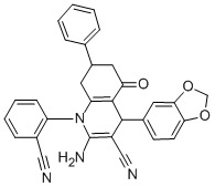 2-amino-4-(1,3-benzodioxol-5-yl)-1-(2-cyanophenyl)-5-oxo-7-phenyl-1,4,5,6,7,8-hexahydro-3-quinolinecarbonitrile,444933-56-6,结构式