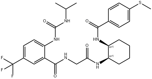 2-(3-异丙基脲基)-N-(2-((1R,2S)-2-(4-(甲基硫基)苯甲酰胺基)环己基氨基)-2-氧代乙基)-5-(三氟甲基)苯甲酰胺, 445479-97-0, 结构式