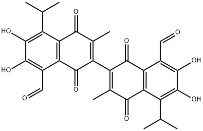 6,6′,7,7′-四羟基-5,5′-二异丙基-3,3′-二甲基-(2,2′-联萘)-1,1′,4,4′-四酮-8,8′-二甲醛, 4547-72-2, 结构式