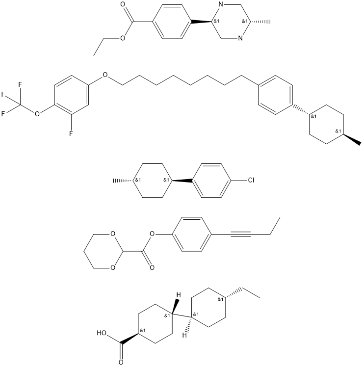1,3-Dioxane-2-carboxylic acid, 4-(1-butynyl)phenyl ester, mixt. with 1-chloro-4-(trans-4-methylcyclohexyl)benzene, (trans,trans)-4′-ethyl[1,1′-bicyclohexyl]-4-carboxylic acid, rel-ethyl 4-[(2R,5S)-5-methyl-2-piperazinyl]benzoate and 2-fluoro-4-[[8-[4-(trans-4-methylcyclohexyl)phenyl]octyl]oxy]-1-(trifluoromethoxy)benzene (9CI) 结构式