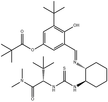 1-[(1S)-1-(ジメチルカルバモイル)-2,2-ジメチルプロピル]-3-[(1R,2R)-2-[3-tert-ブチル-5-(ピバロイルオキシ)サリチリデンアミノ]シクロヘキサン-1-イル]チオ尿素 化学構造式