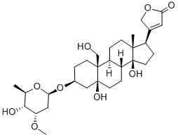 3β-[(2,6-ジデオキシ-3-O-メチル-β-D-ribo-ヘキソピラノシル)オキシ]-5,14,19-トリヒドロキシ-5β-カルダ-20(22)-エノリド 化学構造式