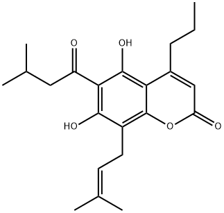 4-Propyl-5,7-dihydroxy-6-(3-methylbutanoyl)-8-(3-methyl-2-butenyl)-2H-1-benzopyran-2-one 结构式