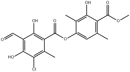 4-[(3-Chloro-5-formyl-4,6-dihydroxy-2-methylbenzoyl)oxy]-2-hydroxy-3,6-dimethylbenzoic acid methyl ester, 479-16-3, 结构式