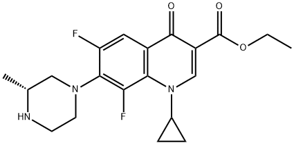 3-Quinolinecarboxylic acid, 1-cyclopropyl-6,8-difluoro-1,4-dihydro-7-[(3R)-3-Methyl-1-piperazinyl]-4-oxo-, ethyl ester 化学構造式