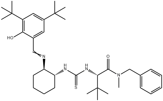 (2S)-2-[[[[(1R,2R)-2-[[[3,5-Bis(tert-butyl)-2-hydroxyphenyl]methylene]amino]cyclohexyl]amino]thioxomethyl]amino]-N-benzyl-N,3,3-trimethylbutanamide,  (2S)-2-[[[[(1R,2R)-2-[[[3,5-Bis(1,1-dimethylethyl)-2-hydroxyphenyl]methylene]amino]cyclohexyl]amino]thioxomethyl]amino]-N,3,3-trimethyl-N-(phenylmethyl)butanamide Struktur