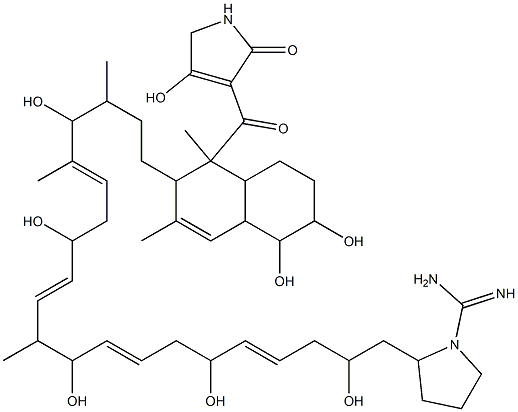 2-[21-[[1-[[(2,5-ジヒドロ-4-ヒドロキシ-2-オキソ-1H-ピロール)-3-イル]カルボニル]-1,2,4a,5,6,7,8,8a-オクタヒドロ-5,6-ジヒドロキシ-1,3-ジメチルナフタレン]-2-イル]-2,6,10,14,18-ペンタヒドロキシ-11,17,19-トリメチル-4,8,12,16-ヘニコサテトラエニル]-1-ピロリジンカルボアミジン 化学構造式