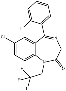 7-chloro-5-(2-fluorophenyl)-1,3-dihydro-1-(2,2,2-trifluoroethyl)-2H-1,4-benzodiazepin-2-one Struktur