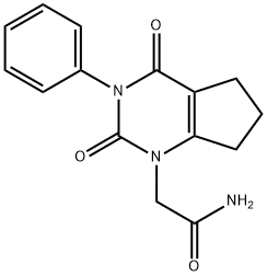 2,3,4,5,6,7-ヘキサヒドロ-2,4-ジオキソ-3-フェニル-1H-シクロペンタピリミジン-1-アセトアミド 化学構造式