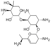 6-O-(4-メチル-3-メチルアミノ-3-デオキシ-β-L-アラビノピラノシル)-4-O-(2,6-ジアミノ-2,3,4,6,7-ペンタデオキシ-β-L-threo-ヘプタ-4-エノピラノシル)-2-デオキシ-D-ストレプタミン 化学構造式