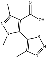 1,3-DIMETHYL-5-(4-METHYL-1,2,3-THIADIAZOL-5-YL)-1H-PYRAZOLE-4-CARBOXYLIC ACID,90%+ 化学構造式