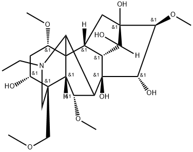 (15S,16S)-20-エチル-1α,6α,16-トリメトキシ-4-(メトキシメチル)アコニタン-3α,8β,13β,14α,15-ペンタオール 化学構造式