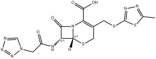 5-Thia-1-azabicyclo[4.2.0]oct-2-ene-2-carboxylic acid, 3-[[(5-methyl-1,3,4-thiadiazol-2-yl)thio]methyl]-8-oxo-7-[(1H-tetrazol-1-ylacetyl)amino]-, trans-(+-)-,50918-36-0,结构式